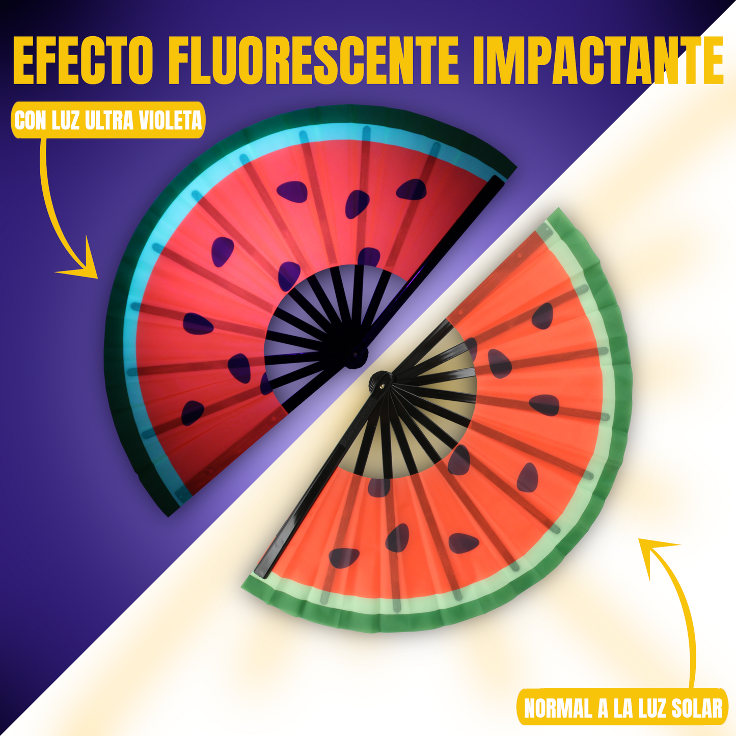 Home Universal® Abanico XXL 33 cm Grande de Plástico con Caja – Plegable, Ligero y Resistente – Efecto Fluorescente Brillante – Ideal para Verano, Fiesta, Discoteca, Pride y Eventos (Sandia)