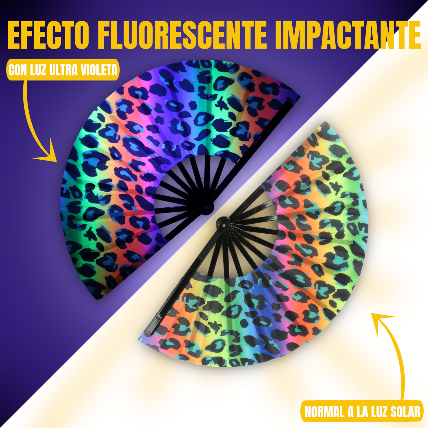 Home Universal® Abanico XXL 33 cm Grande de Plástico con Caja – Plegable, Ligero y Resistente – Efecto Fluorescente Brillante – Ideal para Verano, Fiesta, Discoteca, Pride y Eventos (Leopardo - Multicolor)