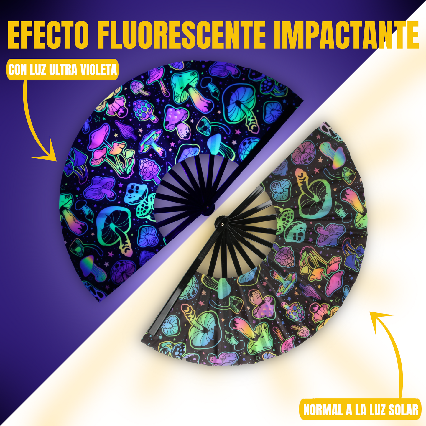 Home Universal® Abanico XXL 33 cm Grande de Plástico con Caja – Plegable, Ligero y Resistente – Efecto Fluorescente Brillante – Ideal para Verano, Fiesta, Discoteca, Pride y Eventos (Setas - Multicolor)