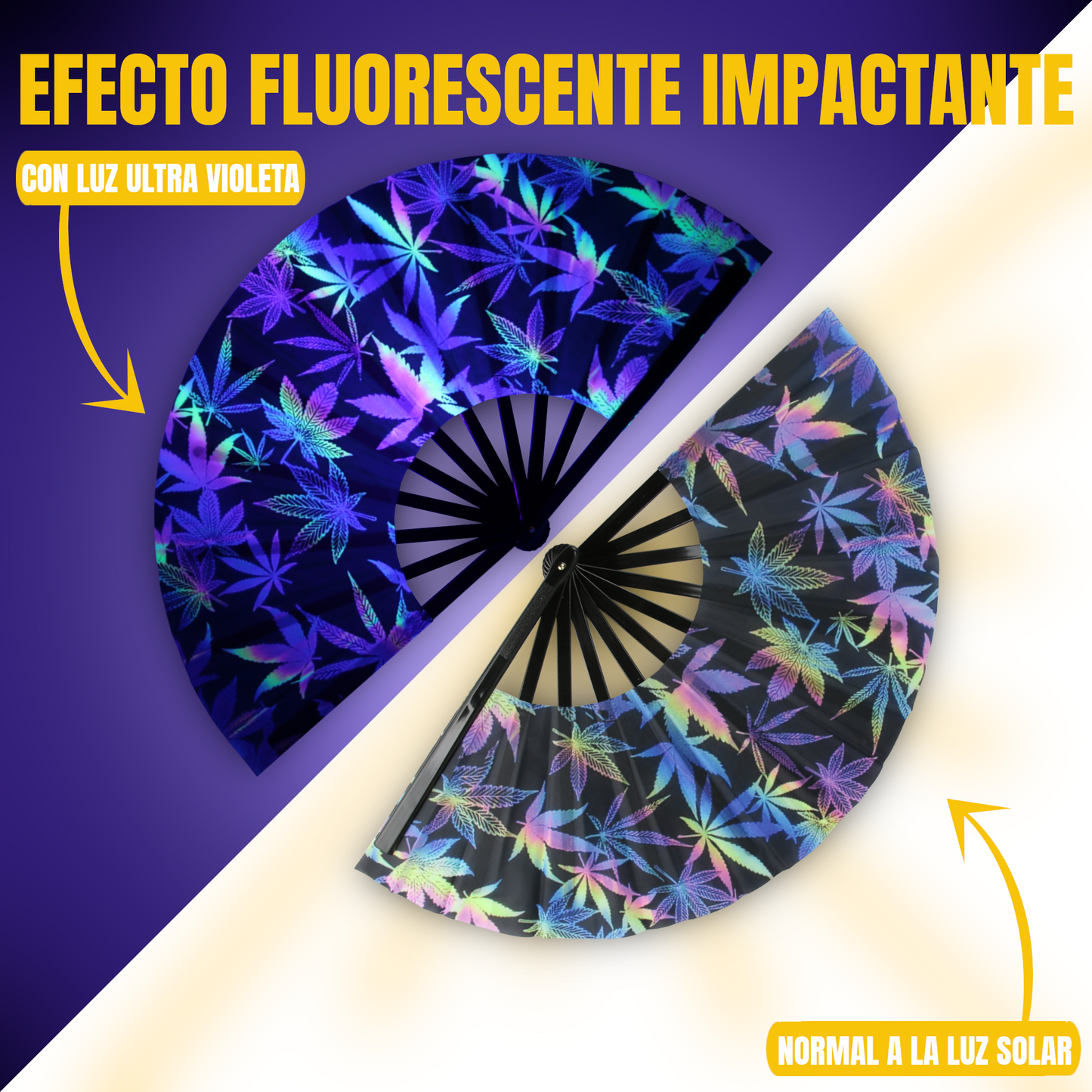 Home Universal® Abanico XXL 33 cm Grande de Plástico con Caja – Plegable, Ligero y Resistente – Efecto Fluorescente Brillante – Ideal para Verano, Fiesta, Discoteca, Pride y Eventos (Hierbas - Multicolor)