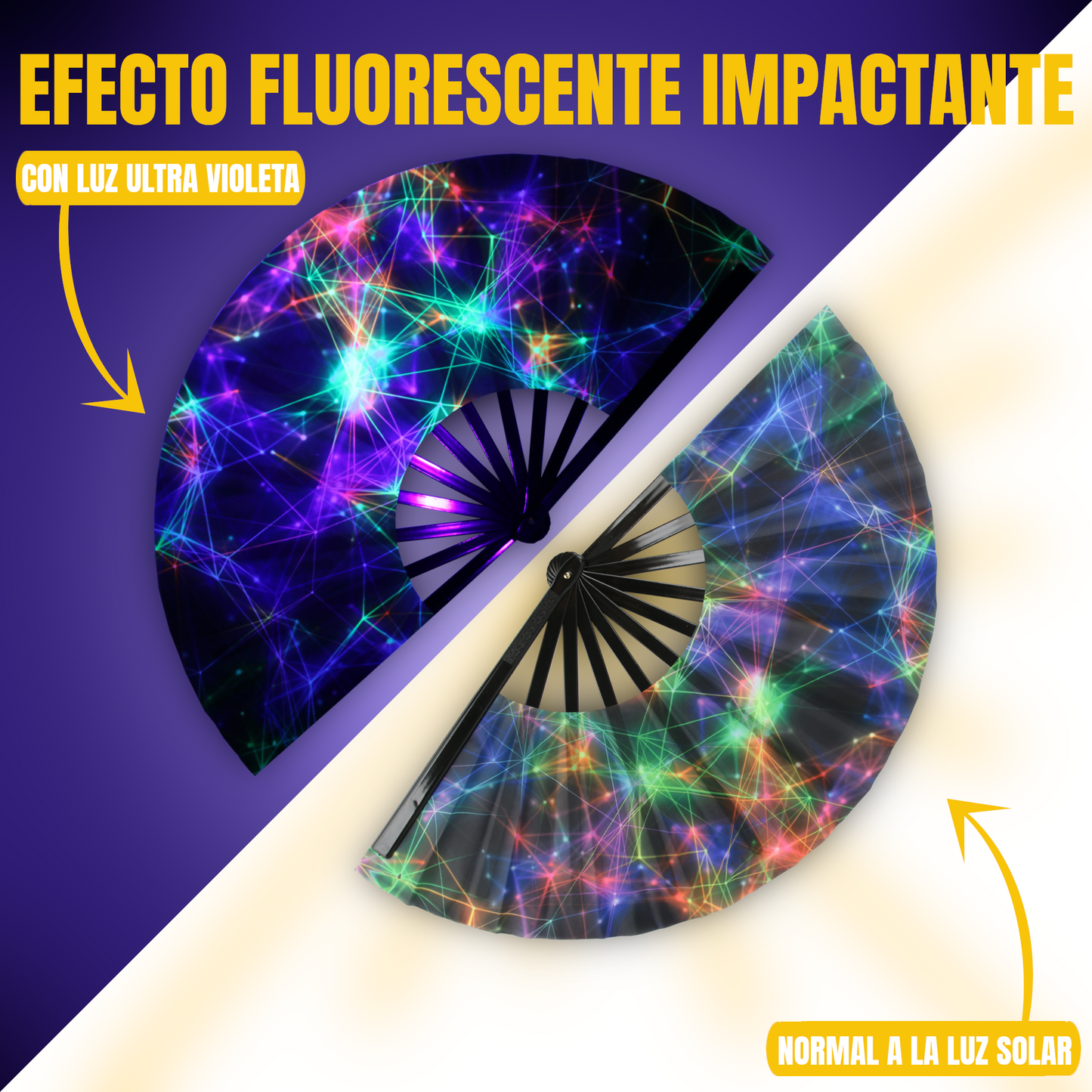 Home Universal® Abanico XXL 33 cm Grande de Plástico con Caja – Plegable, Ligero y Resistente – Efecto Fluorescente Brillante – Ideal para Verano, Fiesta, Discoteca, Pride y Eventos (Galaxy - Nebulosa)