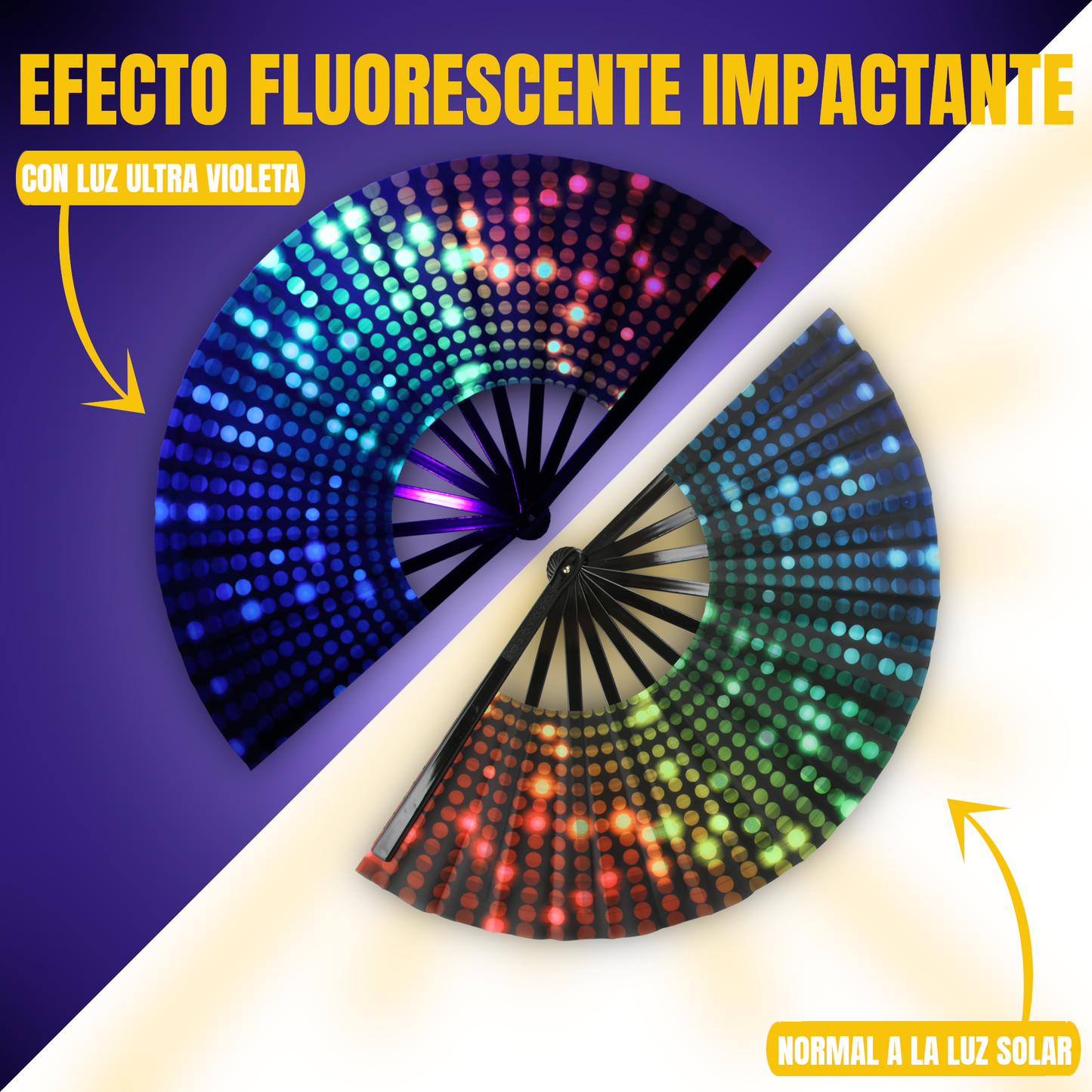 Home Universal® Abanico XXL 33 cm Grande de Plástico con Caja – Plegable, Ligero y Resistente – Efecto Fluorescente Brillante – Ideal para Verano, Fiesta, Discoteca, Pride y Eventos (Discoteca - Círculo)