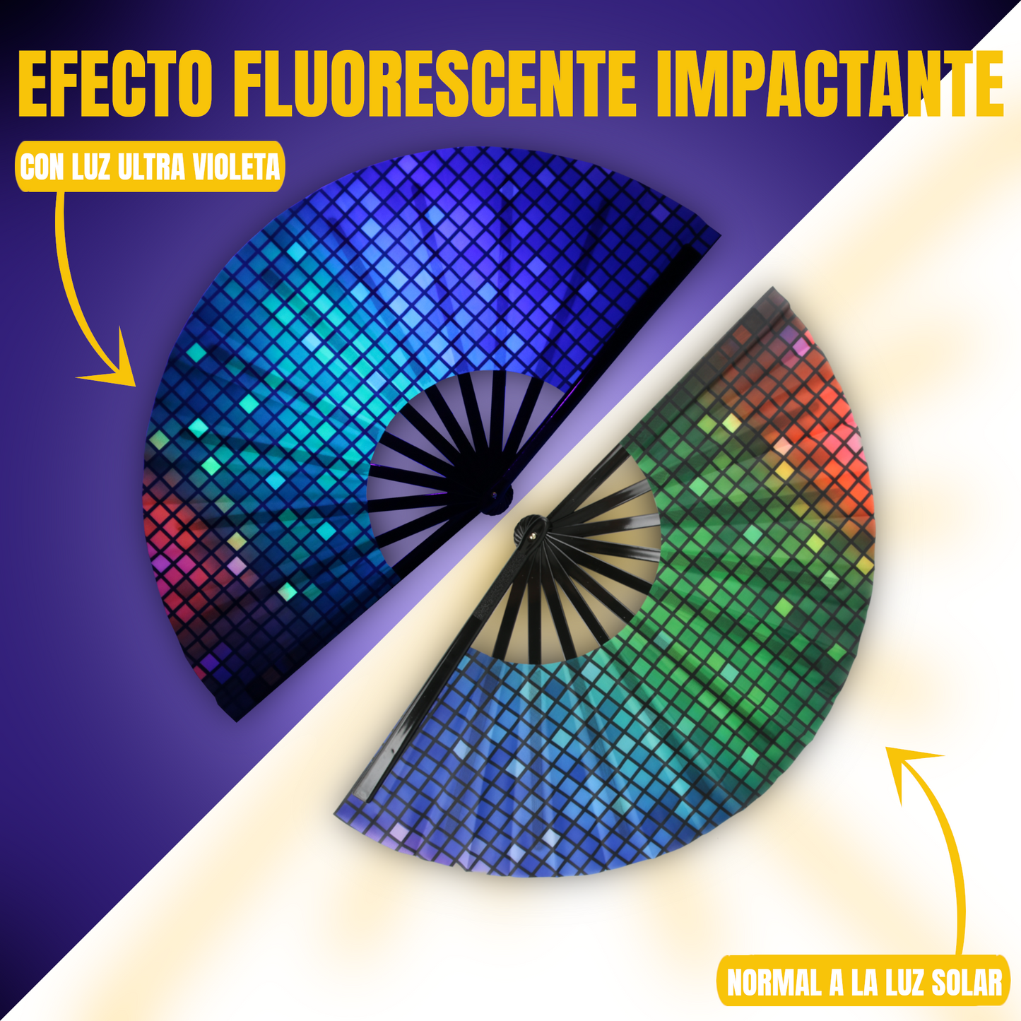 Home Universal® Abanico XXL 33 cm Grande de Plástico con Caja – Plegable, Ligero y Resistente – Efecto Fluorescente Brillante – Ideal para Verano, Fiesta, Discoteca, Pride y Eventos (Discoteca - Cuadrado)