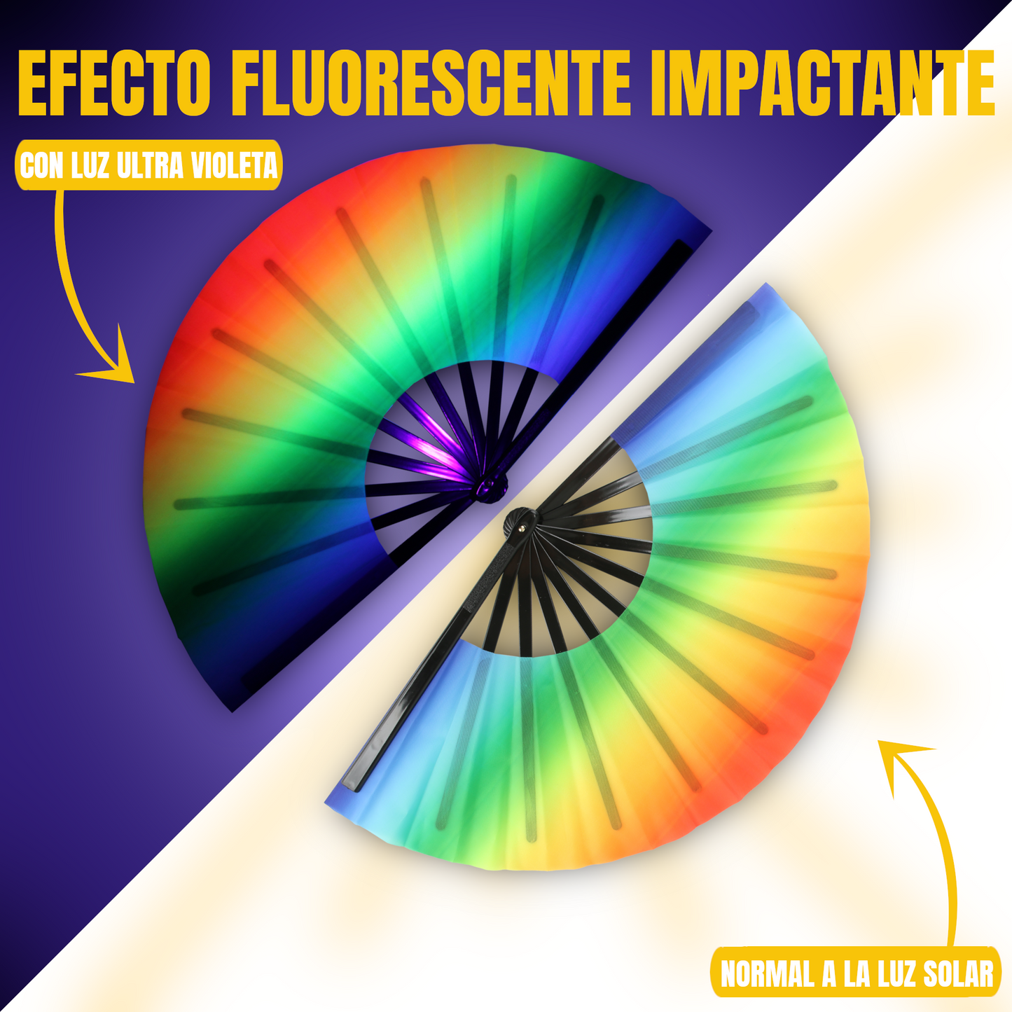 Home Universal® Abanico XXL 33 cm Grande de Plástico con Caja – Plegable, Ligero y Resistente – Efecto Fluorescente Brillante – Ideal para Verano, Fiesta, Discoteca, Pride y Eventos (ArcoÍris - Degradado)