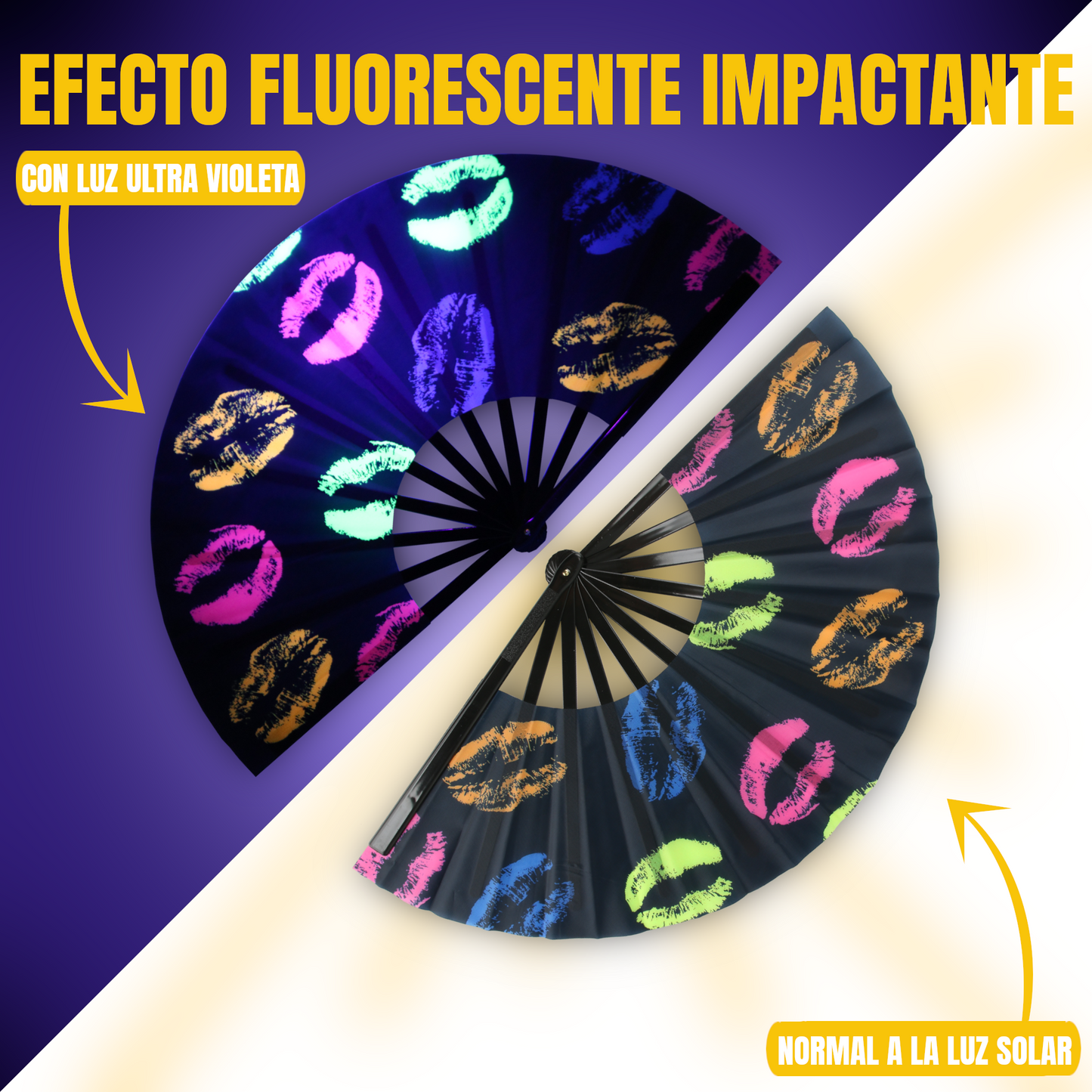 Home Universal® Abanico XXL 33 cm Grande de Plástico con Caja – Plegable, Ligero y Resistente – Efecto Fluorescente Brillante – Ideal para Verano, Fiesta, Discoteca, Pride y Eventos (Besos - Multicolor)