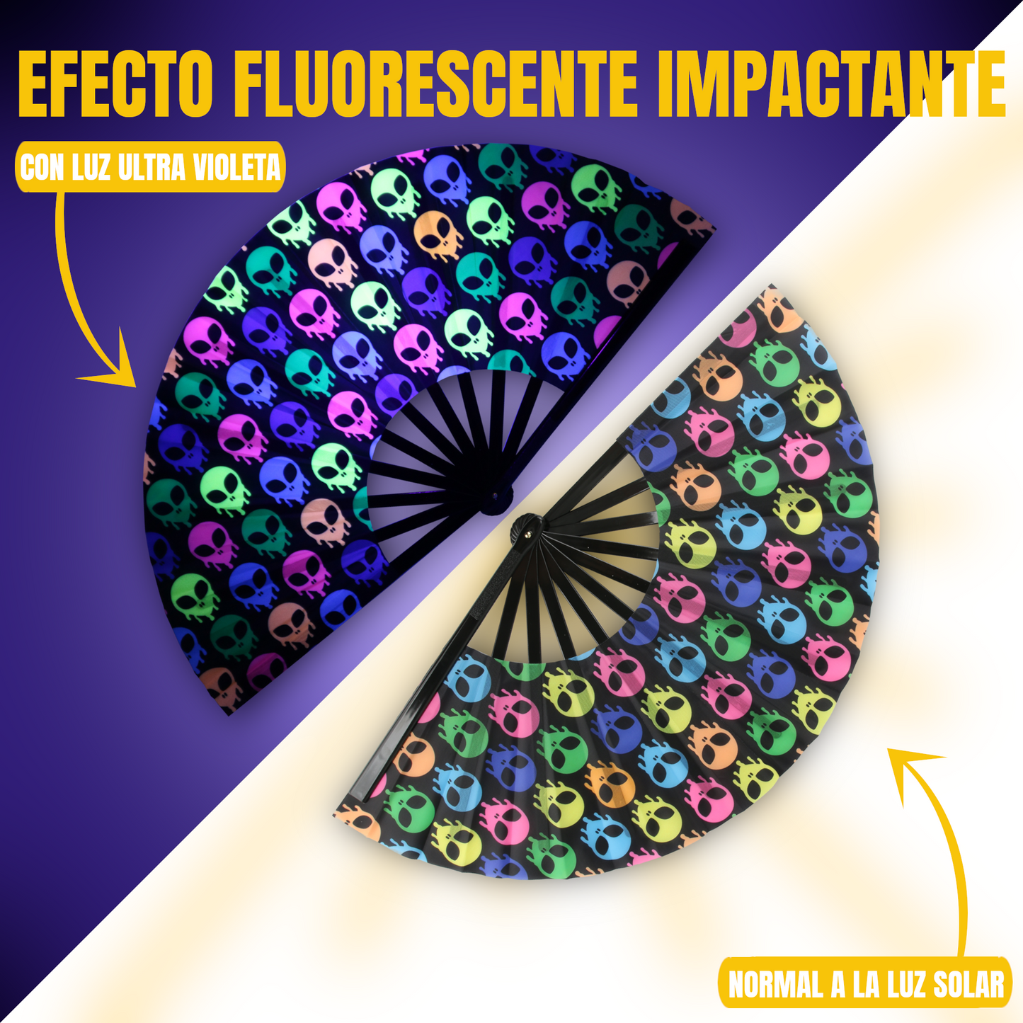 Home Universal® Abanico XXL 33 cm Grande de Plástico con Caja – Plegable, Ligero y Resistente – Efecto Fluorescente Brillante – Ideal para Verano, Fiesta, Discoteca, Pride y Eventos (Alienigena - Multicolor)