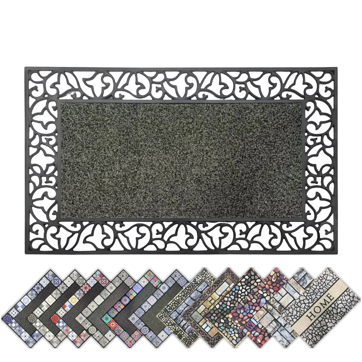 Home Universal® Felpudo de Goma Antideslizante para Exterior y interior – Resistente a Lluvia y Barro, Limpia Zapatos, Alta Durabilidad – Varias Medidas, 45X75CM, Negro (Diseño Clásico Ornamental)