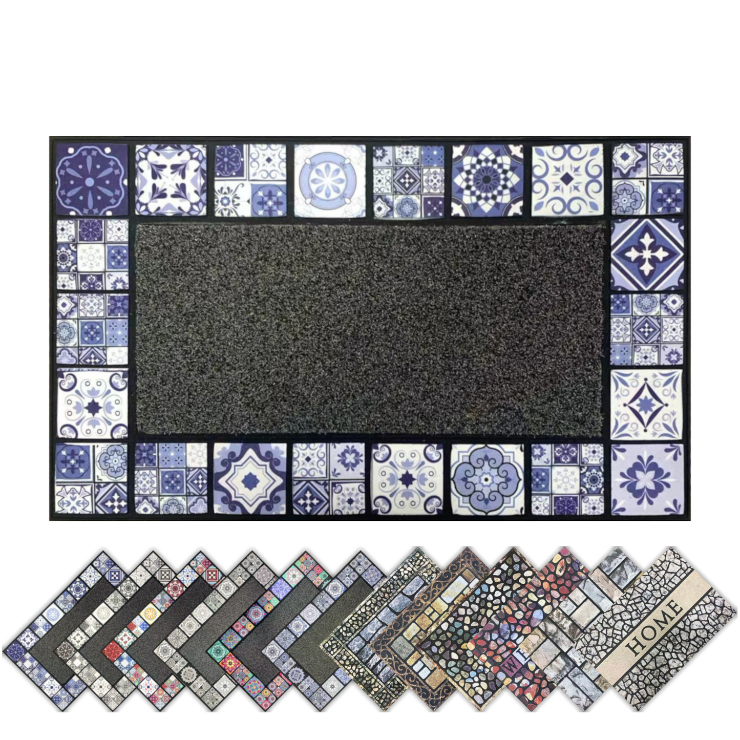 Home Universal® Felpudo de Goma Antideslizante para Exterior y interior – Resistente a Lluvia y Barro, Limpia Zapatos, Alta Durabilidad – Varias Medidas, 45X75CM, Azul (Estilo Baldosas Vintage)