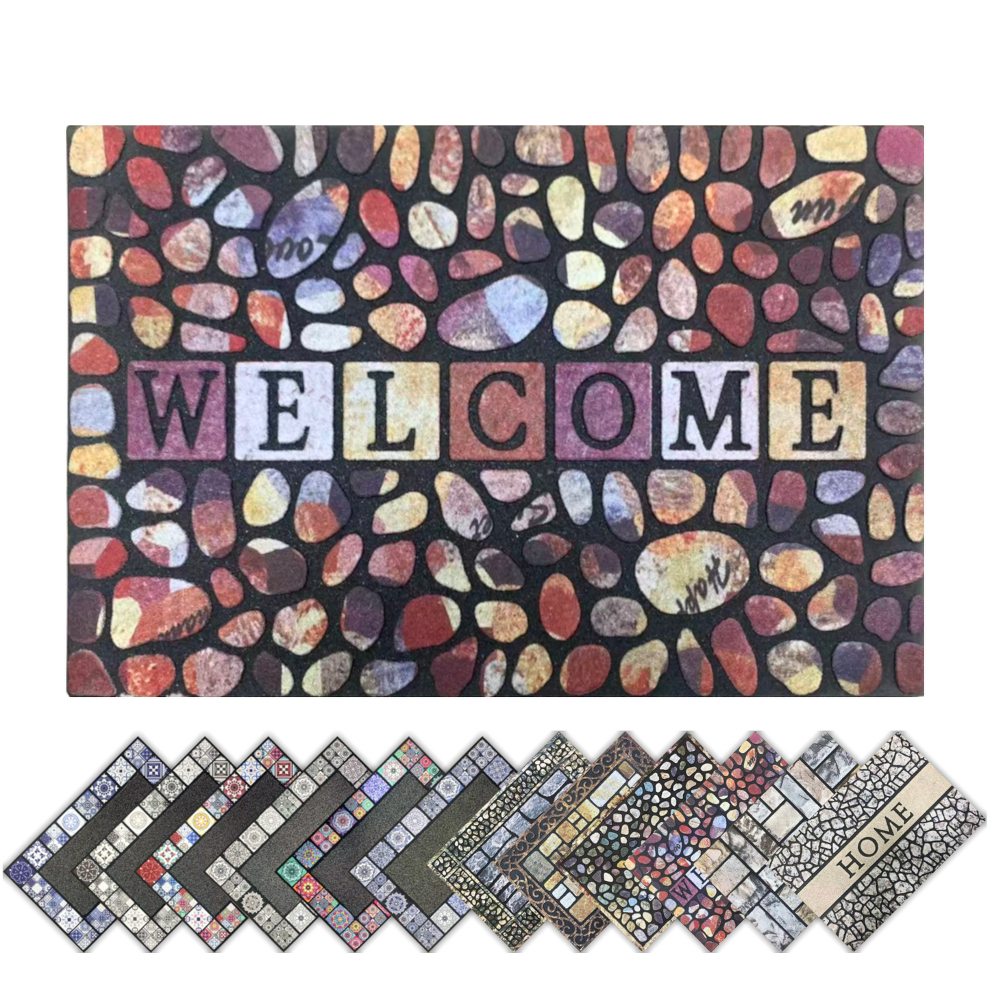 Home Universal® Felpudo de Goma Antideslizante para Exterior y interior – Resistente a Lluvia y Barro, Limpia Zapatos, Alta Durabilidad – Varias Medidas, 40X60CM, WELCOME (Piedra Colorida)