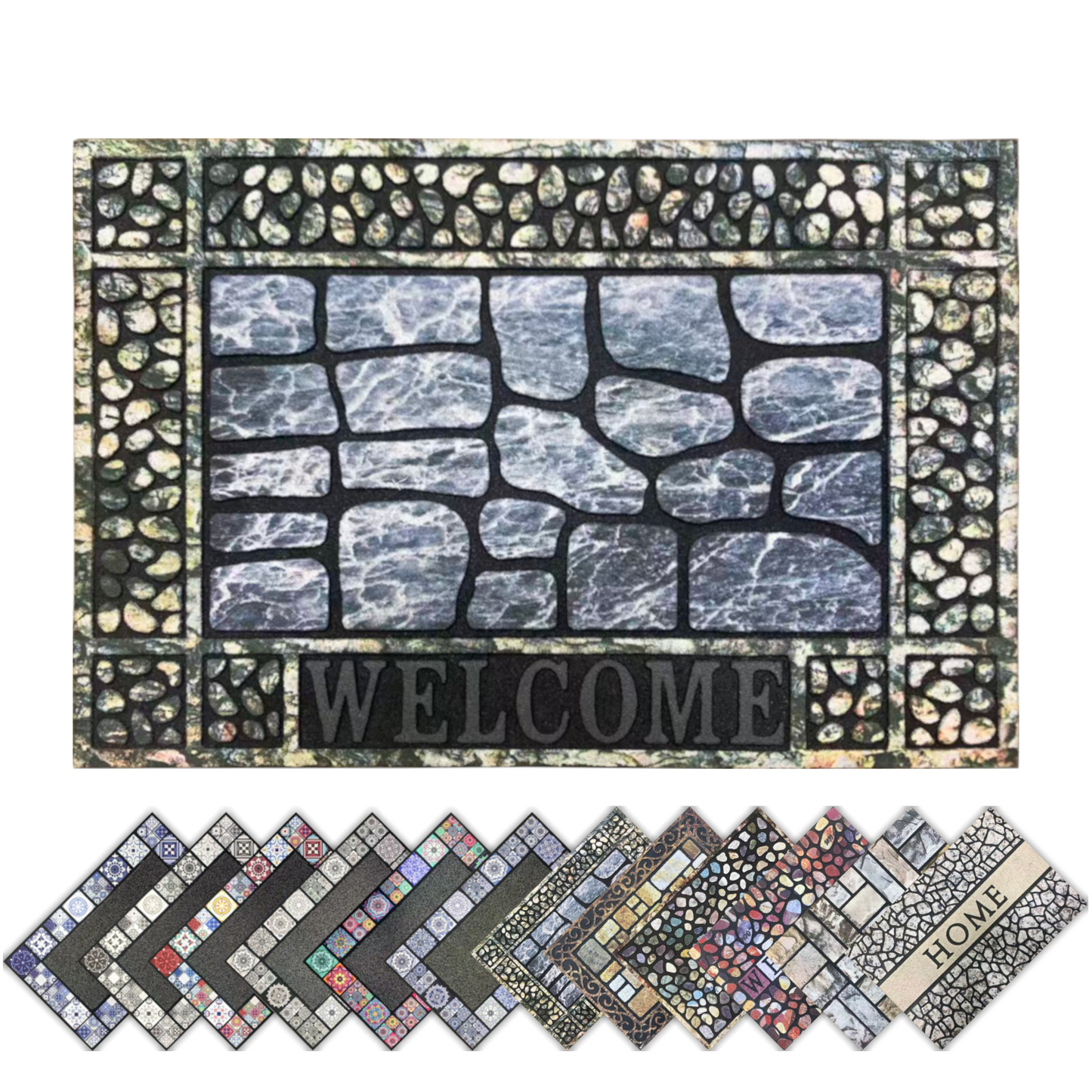 Home Universal® Felpudo de Goma Antideslizante para Exterior y interior – Resistente a Lluvia y Barro, Limpia Zapatos, Alta Durabilidad – Varias Medidas, 40X60CM, WELCOME (Lajas Grises con Marco)
