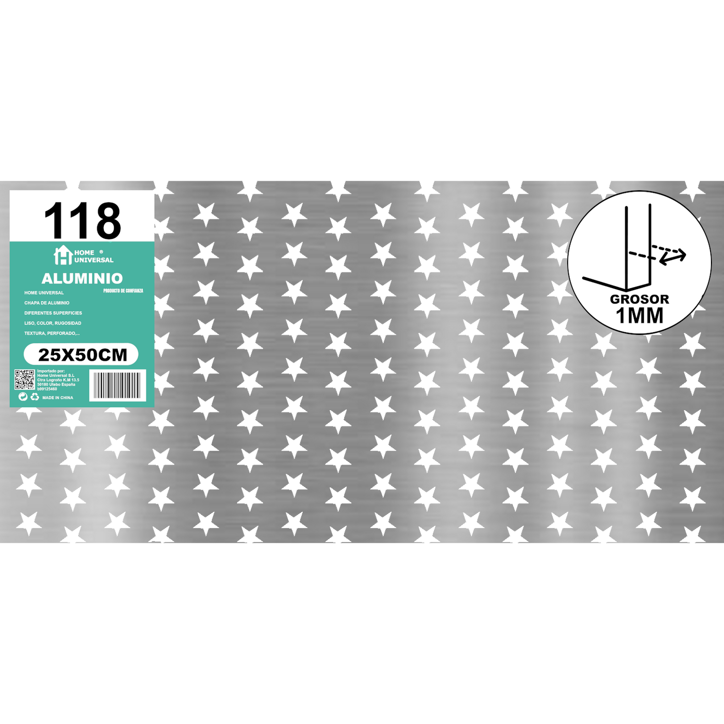 ome Universal® Chapa de Aluminio Estriada, Lisa, Malla y Perforada (Cuadrada, Ovalada, Redonda), Rugosa – Lámina Metálica Resistente Anticorrosión para Bricolaje e Industria Superficie (Perforada Forma) - Estrella-18X18MM (25X50CM - 1MM)