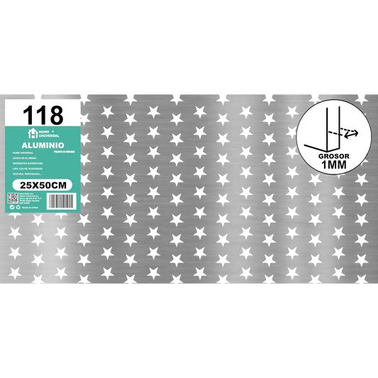 ome Universal® Chapa de Aluminio Estriada, Lisa, Malla y Perforada (Cuadrada, Ovalada, Redonda), Rugosa – Lámina Metálica Resistente Anticorrosión para Bricolaje e Industria Superficie (Perforada Forma) - Estrella-18X18MM (25X50CM - 1MM)