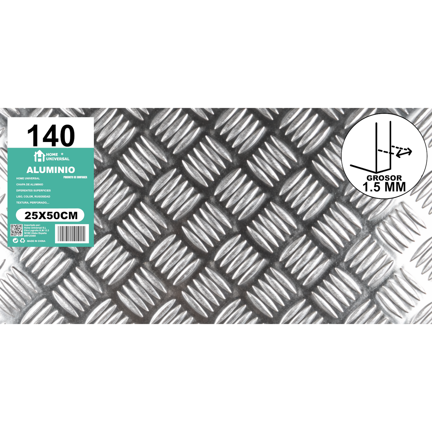 ome Universal® Chapa de Aluminio Estriada, Lisa, Malla y Perforada (Cuadrada, Ovalada, Redonda), Rugosa – Lámina Metálica Resistente Anticorrosión para Bricolaje e Industria Superficie (Estriada) - Estriada (25X50CM - 1.5MM)