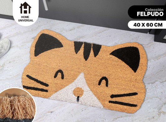 Home Universal ® Felpudos 60x40CM Fibra de Coco | Base Antideslizante de Caucho | Apto para el Exterior (Gatito)