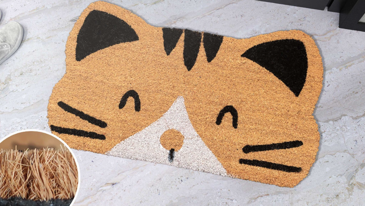 Home Universal ® Felpudos 60x40CM Fibra de Coco | Base Antideslizante de Caucho | Apto para el Exterior (Gatito)