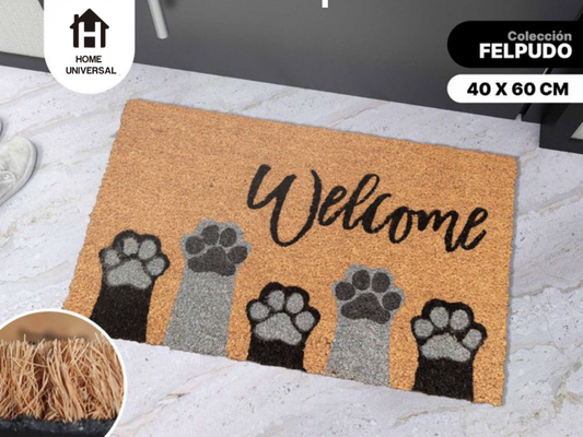 Home Universal ® Felpudos 60x40CM Fibra de Coco | Base Antideslizante de Caucho | Apto para el Exterior (Welcome manos de gato)