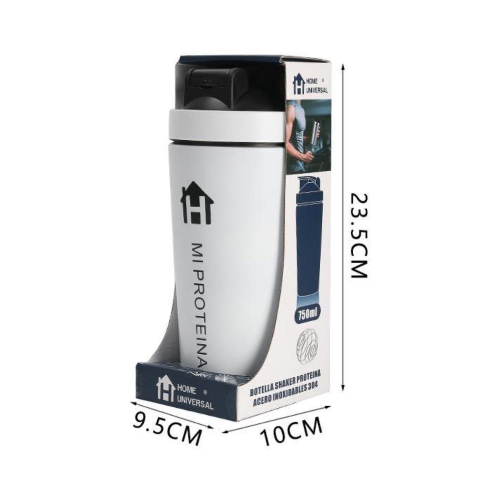 Home Universal® 750ML Botella Gim Shaker de Acero Inoxidable | BPA Free con Mezclador de Tapa Integrado | Vaso Gimnasio con Medidor | Apto para Lavavajillas | Vaso Proteína (Blanco)