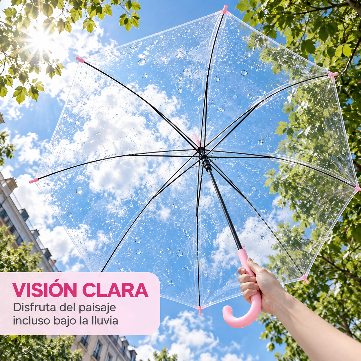 Home Universal® Paraguas Transparente Grande 120 cm, Paraguas de Cúpula con Mango Curvo, Apertura Semiautomática (Rosa)