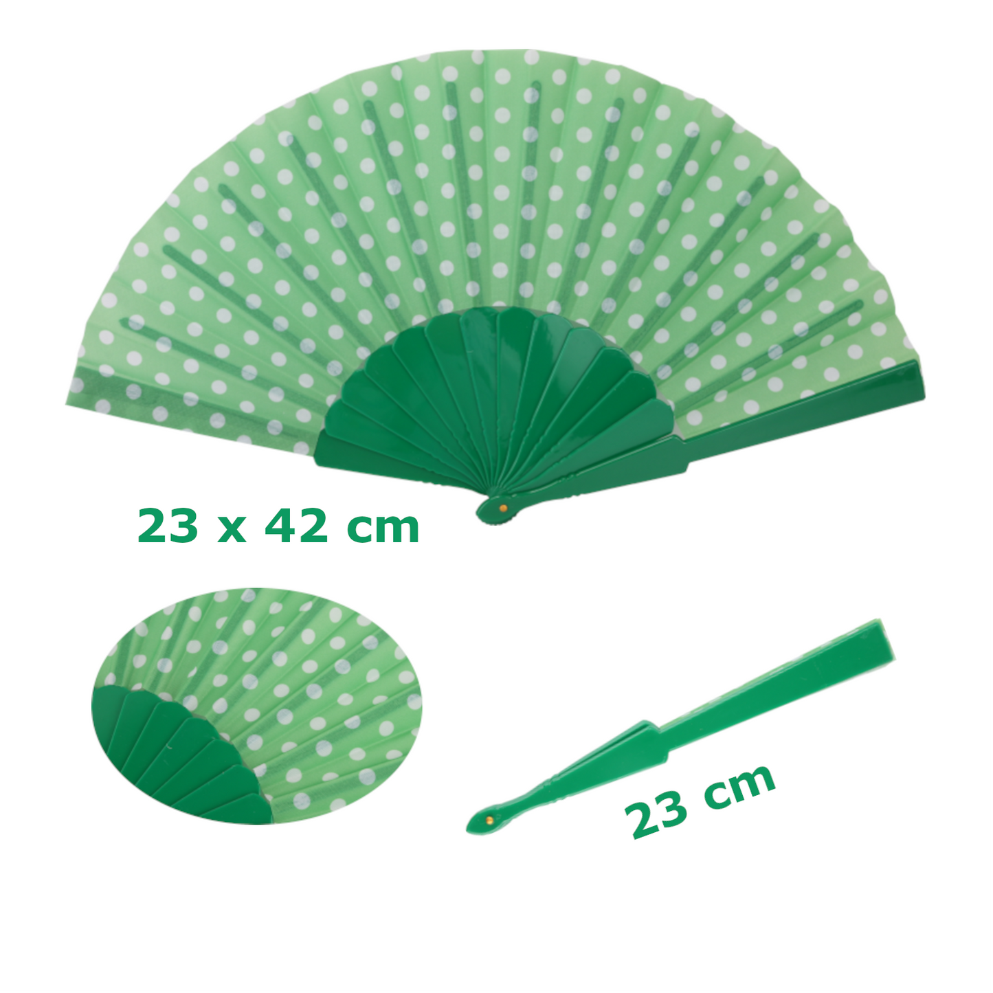 Home Universal® ABANICOS PLASTICO LUNARES FLAMENCO 23CM, ABANICOS PARA EVENTOS, DETALLES PARA LOS INVITADOS, REGALOS DE BODA, FIESTAS, COMUNIÓN O BAUTIZO, ABANICO CON PUNTOS DE POLKA (Verde, 12 PIEZAS)