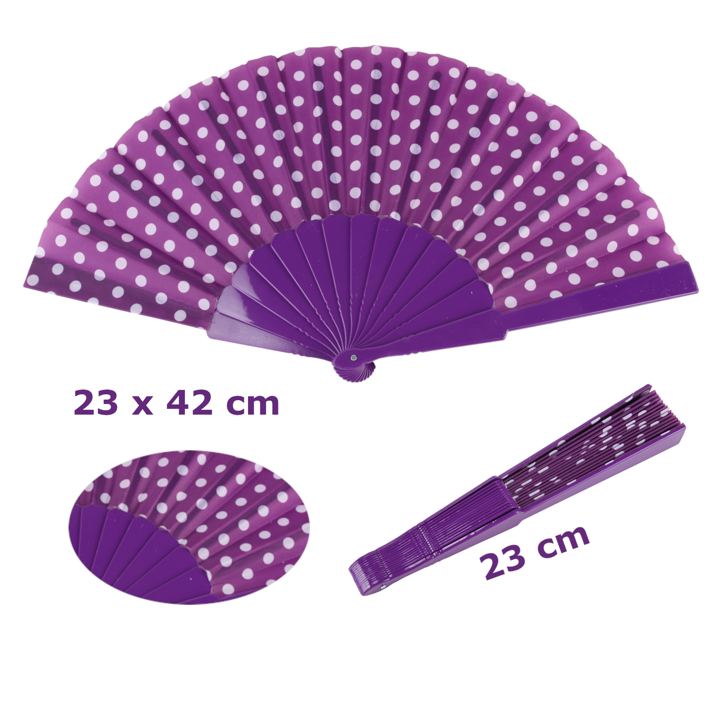 Home Universal® ABANICOS PLASTICO LUNARES FLAMENCO 23CM, ABANICOS PARA EVENTOS, DETALLES PARA LOS INVITADOS, REGALOS DE BODA, FIESTAS, COMUNIÓN O BAUTIZO, ABANICO CON PUNTOS DE POLKA (Morado, 12 PIEZAS)