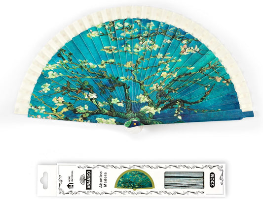 Home Universal ® Abanicos 23CM 1 pieza DE Madera Lisa con Tela DE Marfil, Abanico DE Madera Adornado, Abanico Original (Almendro en Flor (Van Gogh))