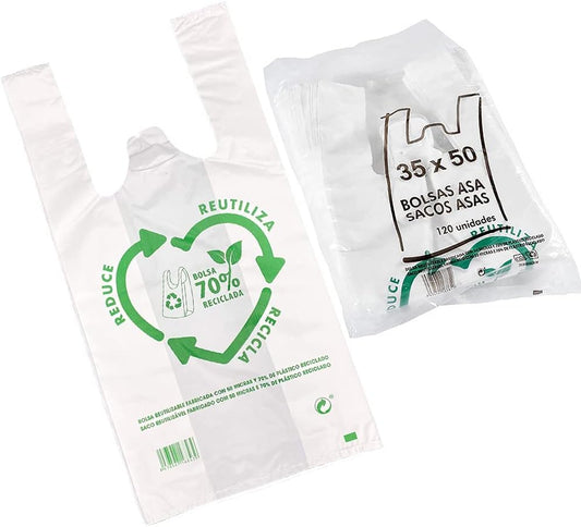 120u Bolsas De Plástico Reciclado, Resistentes, Reutilizables de Galga 200, Cumple Normativas, Aptas Uso Alimentario (35x50cm)