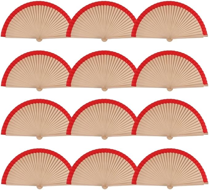 Home Universal ® Pack 12 Unidades Abanicos Madera con Tela Lisa 23cm, Detalles para los Invitados, Regalos de Boda, Fiestas, Comuniones y Otros Eventos((23cm_Rojo))
