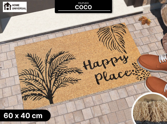 HOME UNIVERSAL | Felpudos de Fibra de Coco con Base Antideslizante 60x40x1.5CM (Happy Place)