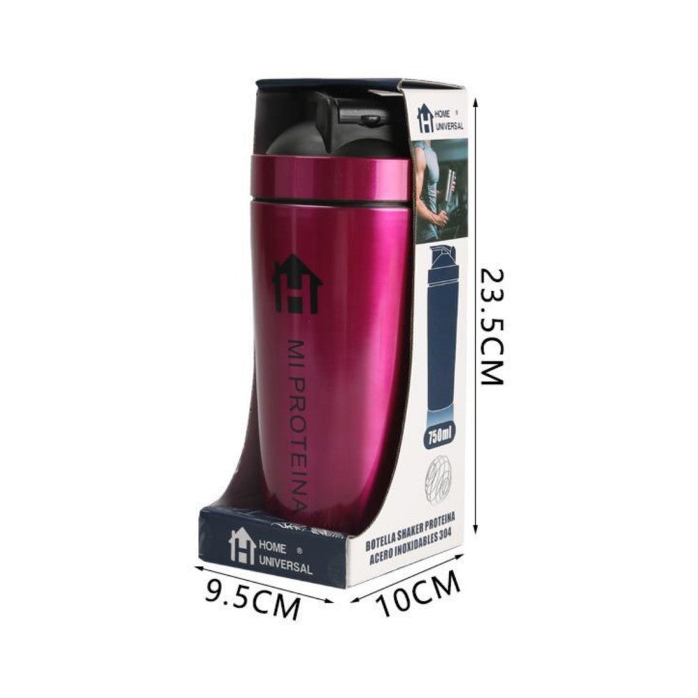 Home Universal® 750ML Botella Gim Shaker de Acero Inoxidable | BPA Free con Mezclador de Tapa Integrado | Vaso Gimnasio con Medidor | Apto para Lavavajillas | Vaso Proteína (Fucsia)