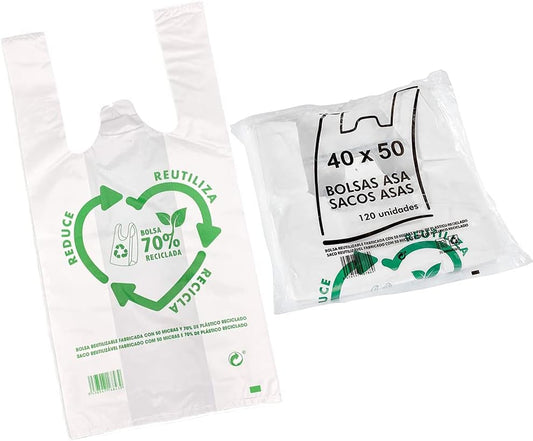 120u Bolsas De Plástico Reciclado, Resistentes, Reutilizables de Galga 200, Cumple Normativas, Aptas Uso Alimentario (40x50cm)