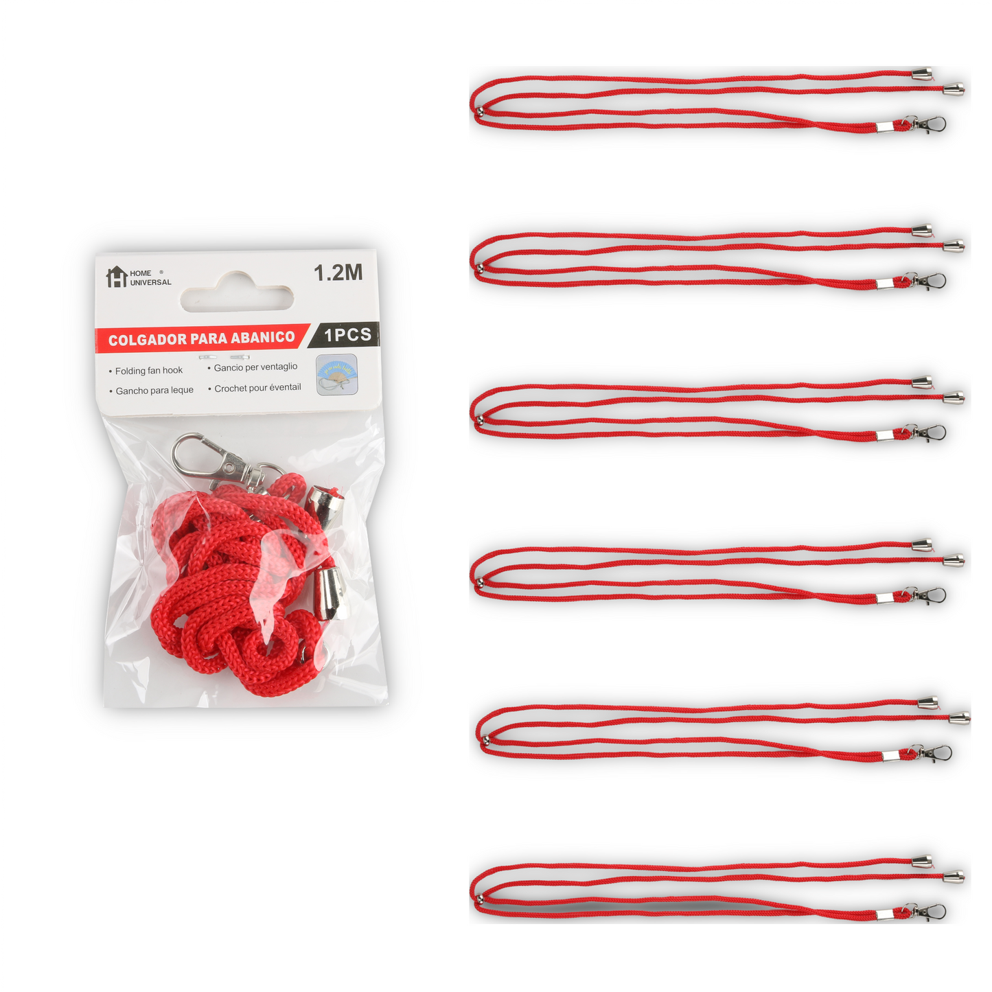 Home Universal ® Pack 6/12 Unidades Cordón Colgador para Abanico 1,2 m, Correa Ajustable con Gancho Metálico, Cinta para Colgar Abanicos, Accesorio para Bodas, Fiestas, Comuniones y Eventos (Rojo)