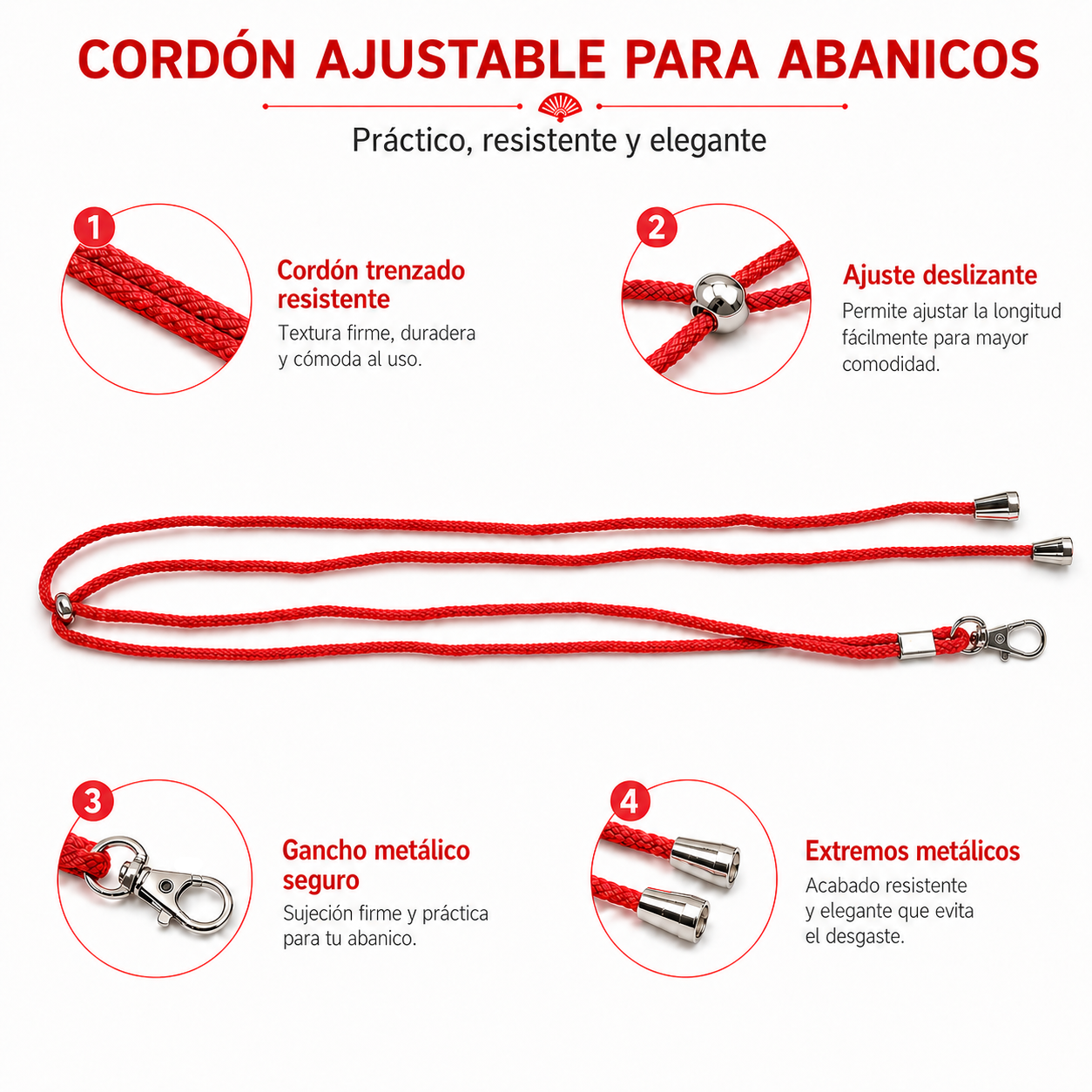 Home Universal ® Pack 6/12 Unidades Cordón Colgador para Abanico 1,2 m, Correa Ajustable con Gancho Metálico, Cinta para Colgar Abanicos, Accesorio para Bodas, Fiestas, Comuniones y Eventos (Rojo)