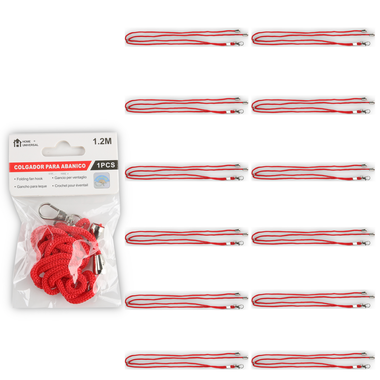 Home Universal ® Pack 6/12 Unidades Cordón Colgador para Abanico 1,2 m, Correa Ajustable con Gancho Metálico, Cinta para Colgar Abanicos, Accesorio para Bodas, Fiestas, Comuniones y Eventos (Rojo)