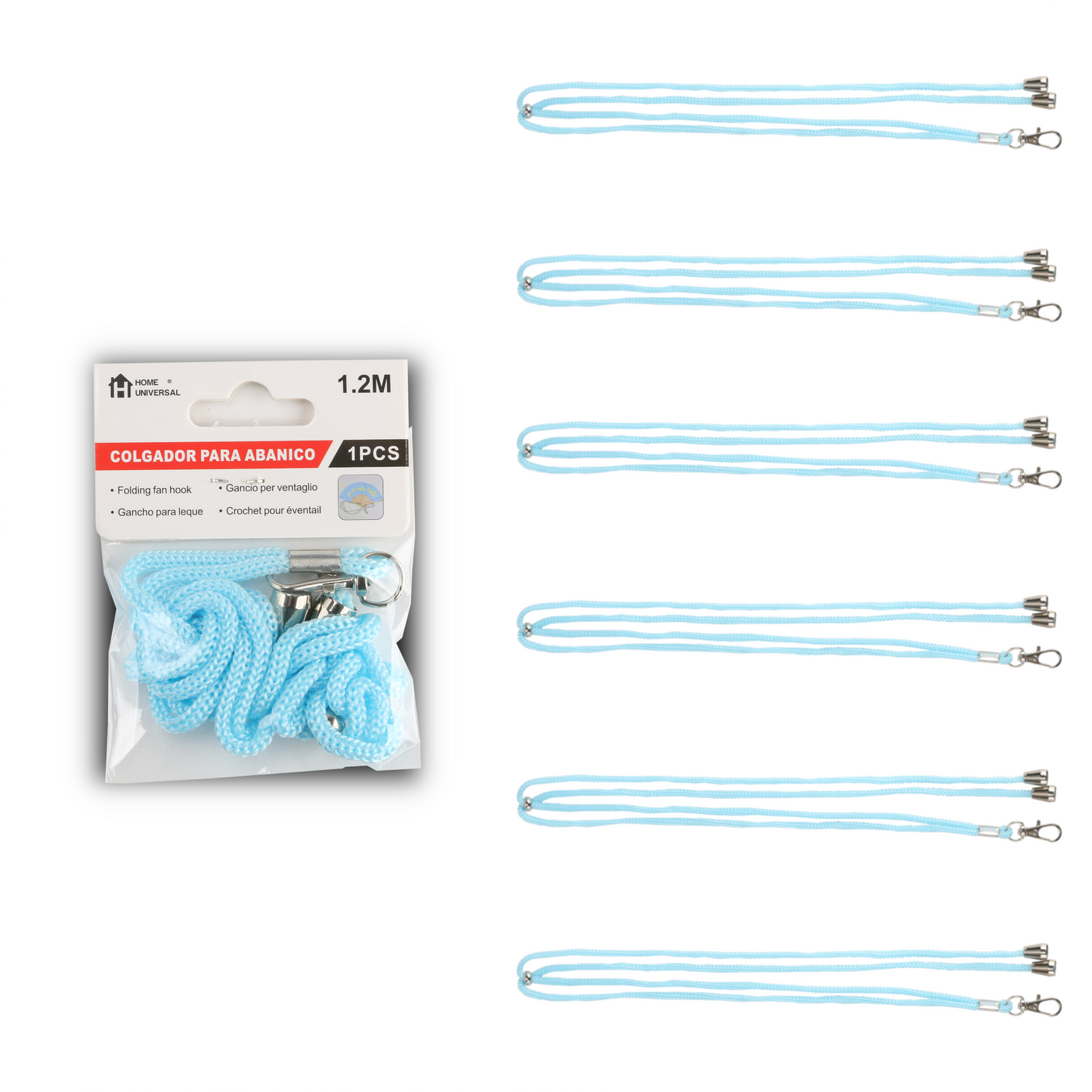 Home Universal ® Pack 6/12 Unidades Cordón Colgador para Abanico 1,2 m, Correa Ajustable con Gancho Metálico, Cinta para Colgar Abanicos, Accesorio para Bodas, Fiestas, Comuniones y Eventos (Azul Celeste)