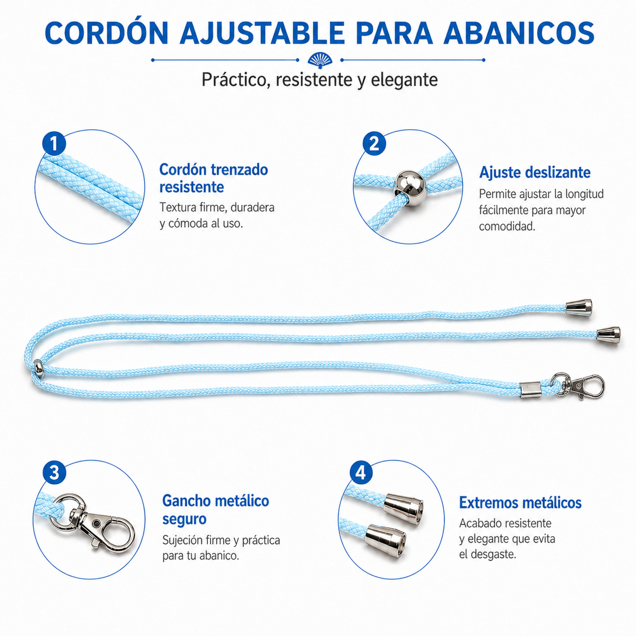 Home Universal ® Pack 6/12 Unidades Cordón Colgador para Abanico 1,2 m, Correa Ajustable con Gancho Metálico, Cinta para Colgar Abanicos, Accesorio para Bodas, Fiestas, Comuniones y Eventos (Azul Celeste)