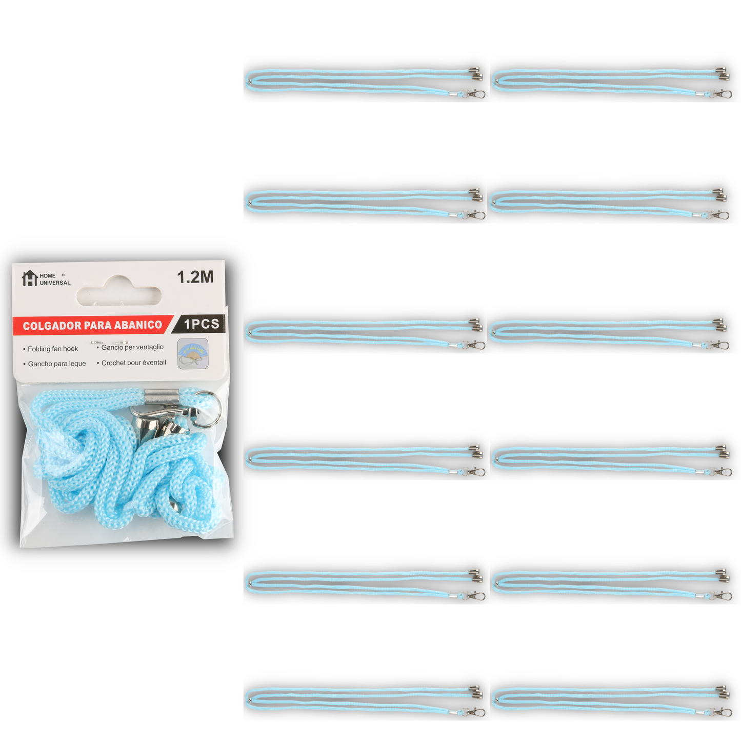 Home Universal ® Pack 6/12 Unidades Cordón Colgador para Abanico 1,2 m, Correa Ajustable con Gancho Metálico, Cinta para Colgar Abanicos, Accesorio para Bodas, Fiestas, Comuniones y Eventos (Azul Celeste)