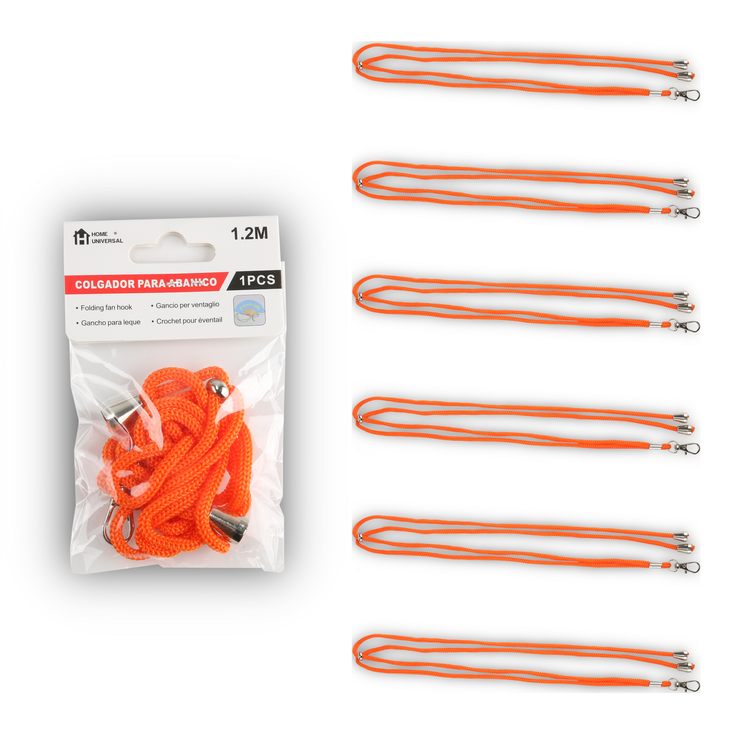 Home Universal ® Pack 6/12 Unidades Cordón Colgador para Abanico 1,2 m, Correa Ajustable con Gancho Metálico, Cinta para Colgar Abanicos, Accesorio para Bodas, Fiestas, Comuniones y Eventos (Naranja)