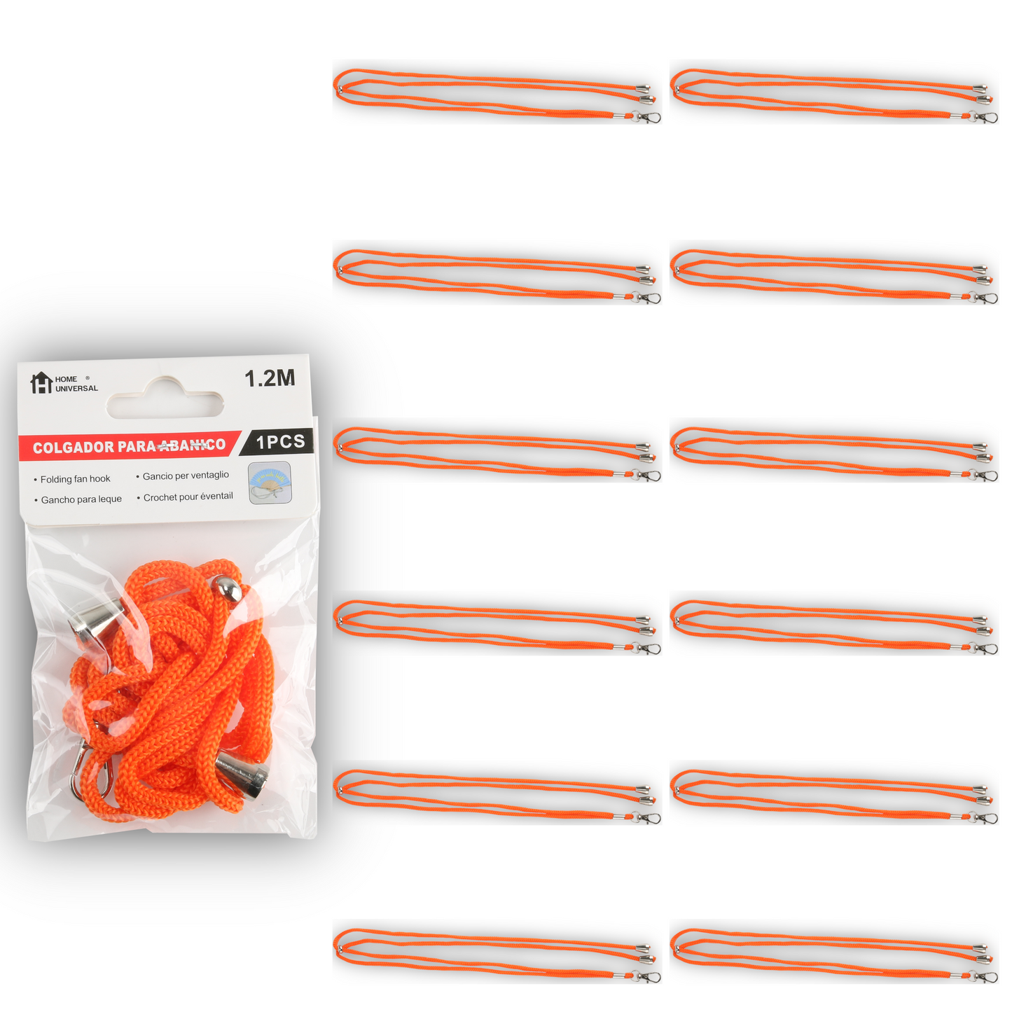 Home Universal ® Pack 6/12 Unidades Cordón Colgador para Abanico 1,2 m, Correa Ajustable con Gancho Metálico, Cinta para Colgar Abanicos, Accesorio para Bodas, Fiestas, Comuniones y Eventos (Naranja)
