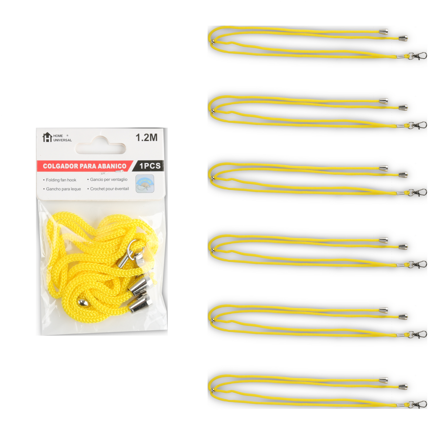 Home Universal ® Pack 6/12 Unidades Cordón Colgador para Abanico 1,2 m, Correa Ajustable con Gancho Metálico, Cinta para Colgar Abanicos, Accesorio para Bodas, Fiestas, Comuniones y Eventos (Amarillo)