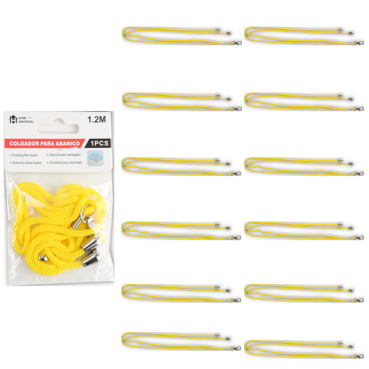 Home Universal ® Pack 6/12 Unidades Cordón Colgador para Abanico 1,2 m, Correa Ajustable con Gancho Metálico, Cinta para Colgar Abanicos, Accesorio para Bodas, Fiestas, Comuniones y Eventos (Amarillo)