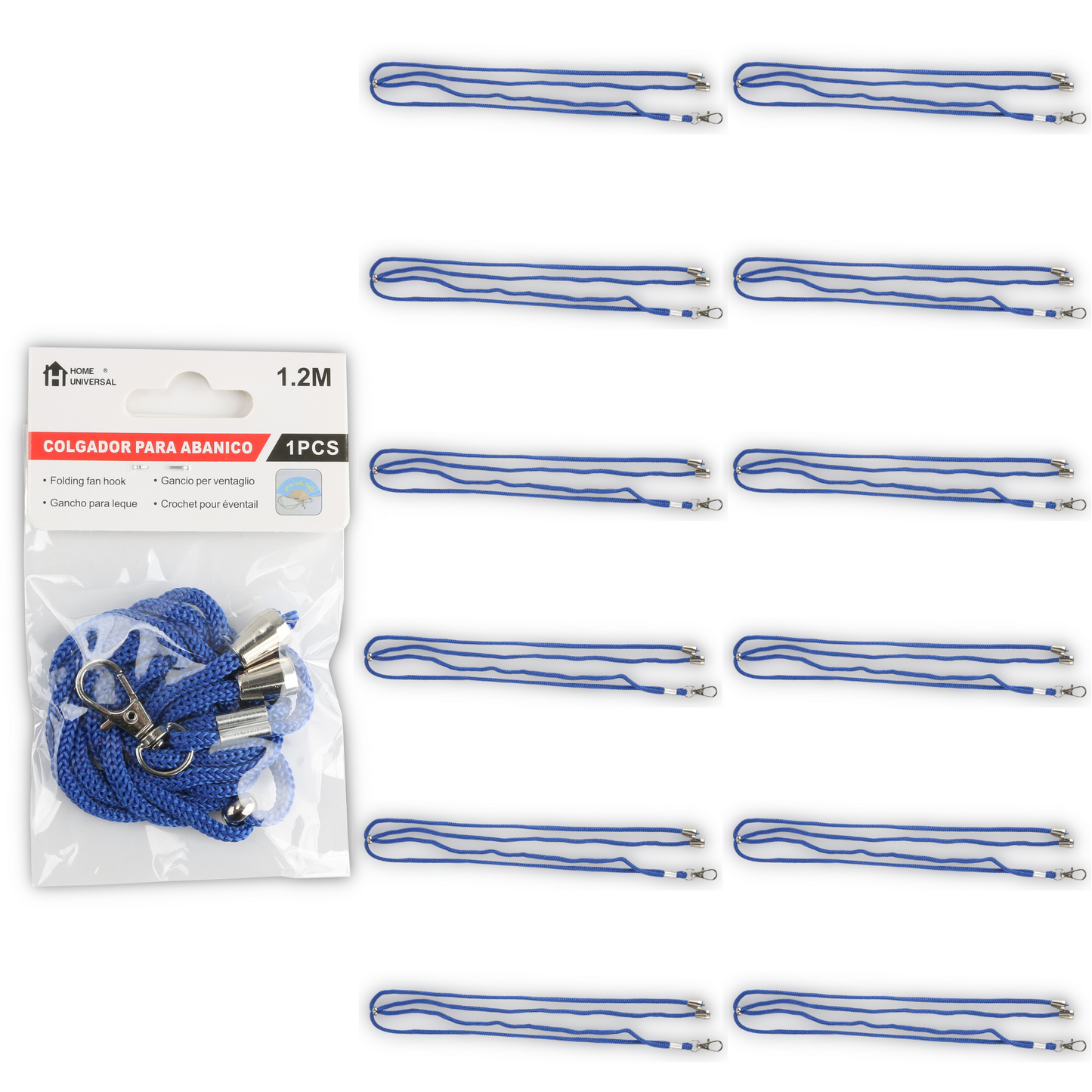 Home Universal ® Pack 6/12 Unidades Cordón Colgador para Abanico 1,2 m, Correa Ajustable con Gancho Metálico, Cinta para Colgar Abanicos, Accesorio para Bodas, Fiestas, Comuniones y Eventos (Azul)