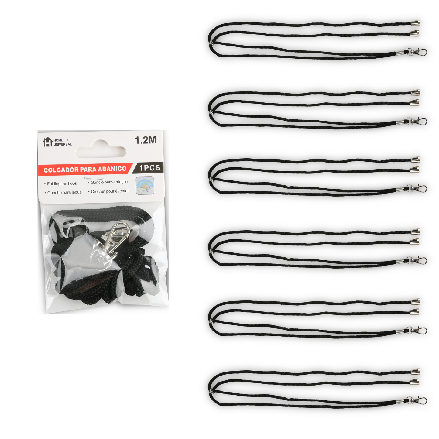 Home Universal ® Pack 6/12 Unidades Cordón Colgador para Abanico 1,2 m, Correa Ajustable con Gancho Metálico, Cinta para Colgar Abanicos, Accesorio para Bodas, Fiestas, Comuniones y Eventos (Negro)