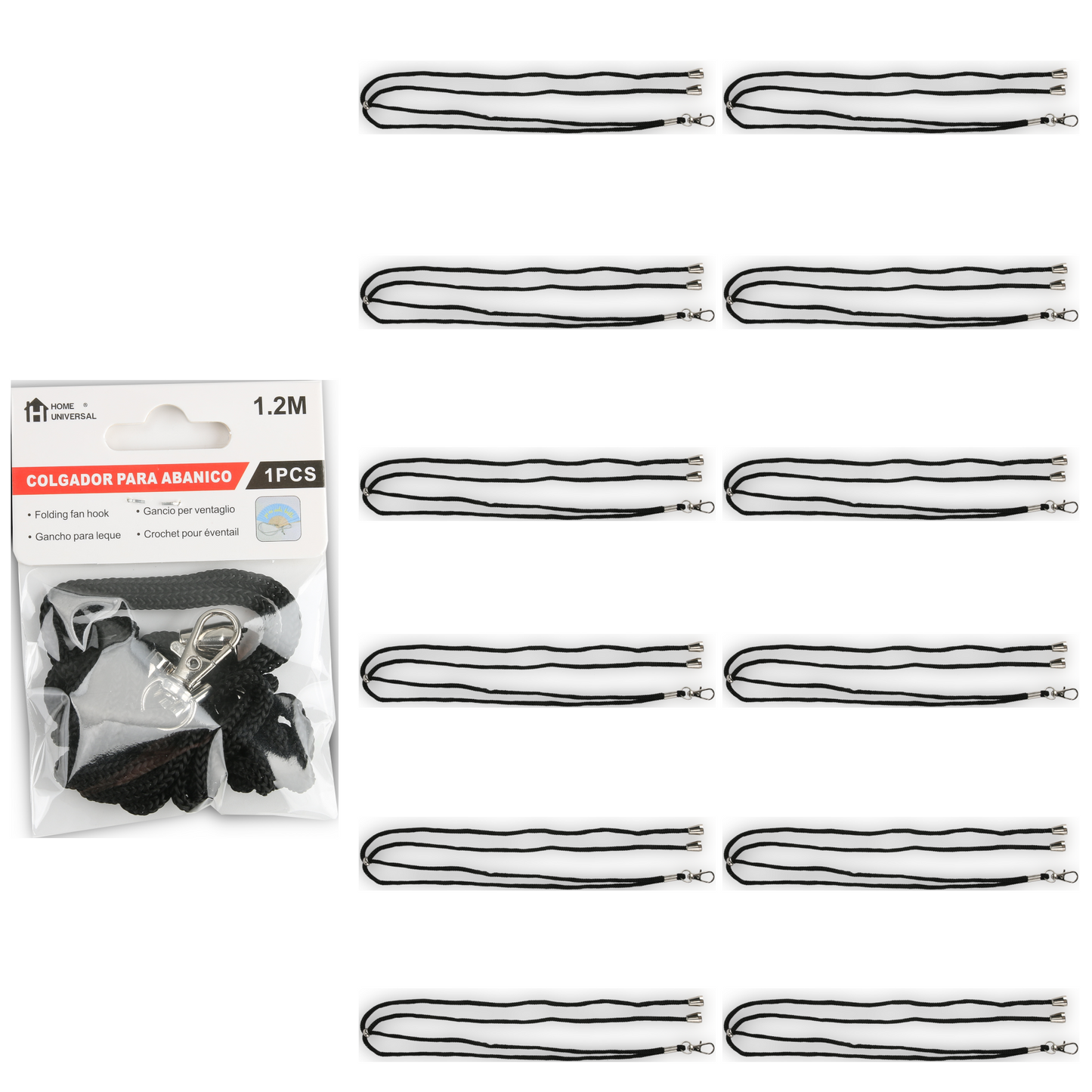 Home Universal ® Pack 6/12 Unidades Cordón Colgador para Abanico 1,2 m, Correa Ajustable con Gancho Metálico, Cinta para Colgar Abanicos, Accesorio para Bodas, Fiestas, Comuniones y Eventos (Negro)