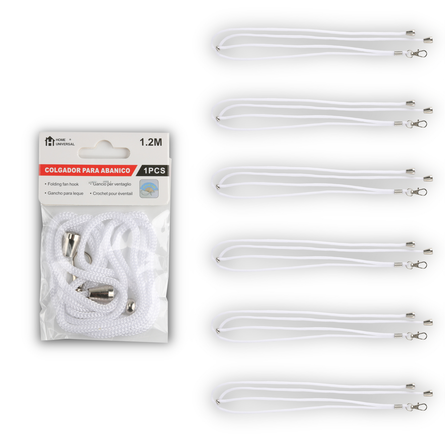 Home Universal ® Pack 6/12 Unidades Cordón Colgador para Abanico 1,2 m, Correa Ajustable con Gancho Metálico, Cinta para Colgar Abanicos, Accesorio para Bodas, Fiestas, Comuniones y Eventos (Blanco)