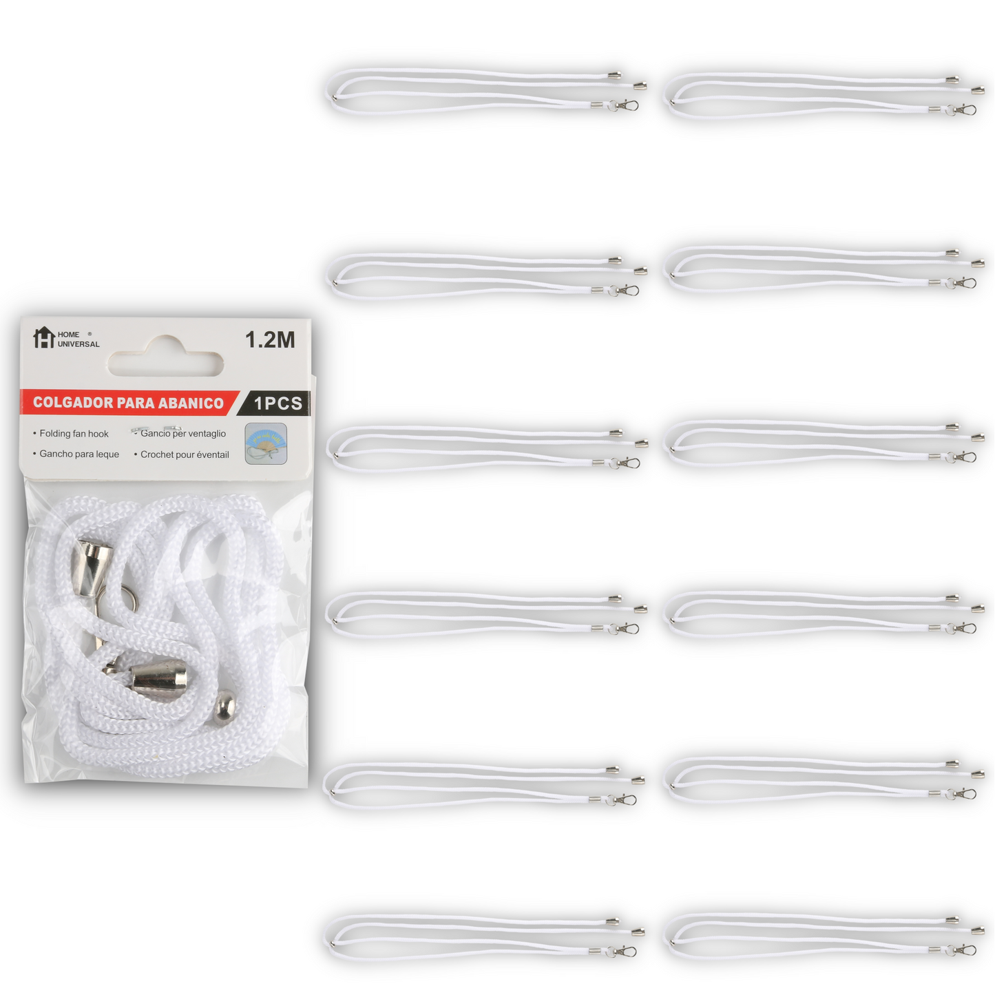 Home Universal ® Pack 6/12 Unidades Cordón Colgador para Abanico 1,2 m, Correa Ajustable con Gancho Metálico, Cinta para Colgar Abanicos, Accesorio para Bodas, Fiestas, Comuniones y Eventos (Blanco)