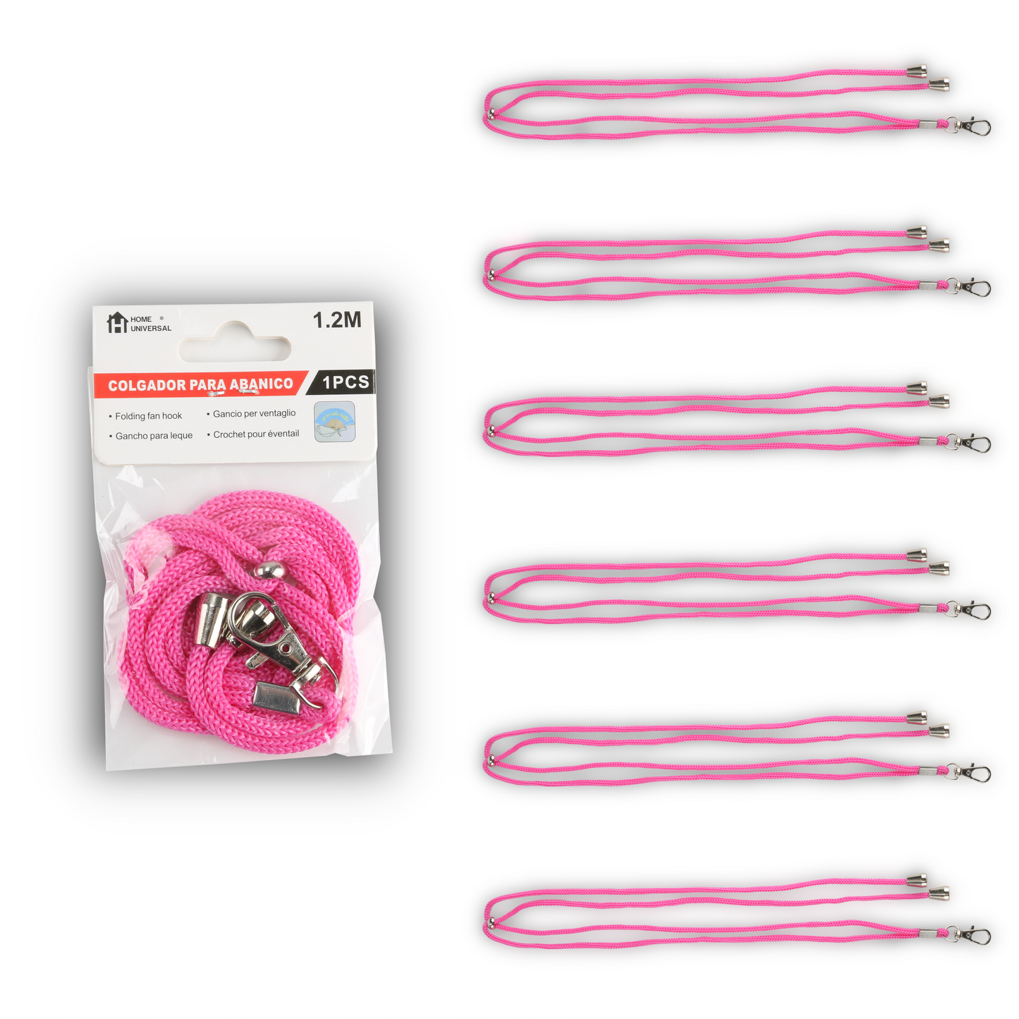 Home Universal ® Pack 6/12 Unidades Cordón Colgador para Abanico 1,2 m, Correa Ajustable con Gancho Metálico, Cinta para Colgar Abanicos, Accesorio para Bodas, Fiestas, Comuniones y Eventos (Rosa)