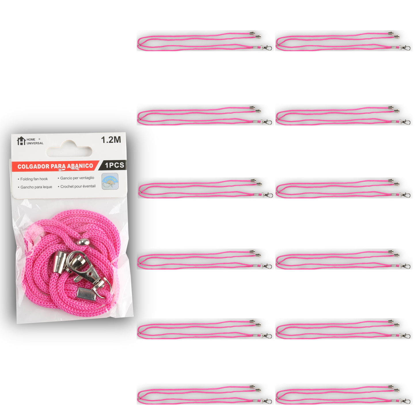 Home Universal ® Pack 6/12 Unidades Cordón Colgador para Abanico 1,2 m, Correa Ajustable con Gancho Metálico, Cinta para Colgar Abanicos, Accesorio para Bodas, Fiestas, Comuniones y Eventos (Rosa)