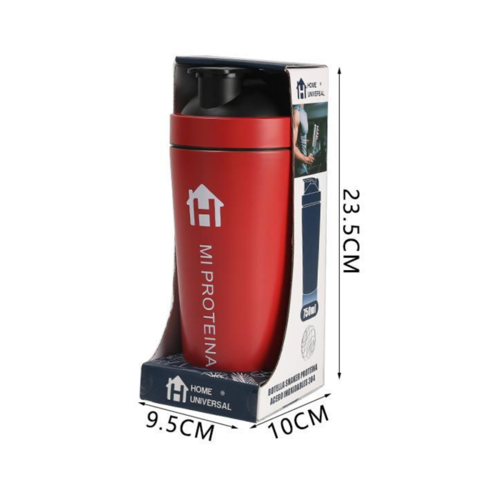 Home Universal® 750ML Botella Gim Shaker de Acero Inoxidable | BPA Free con Mezclador de Tapa Integrado | Vaso Gimnasio con Medidor | Apto para Lavavajillas | Vaso Proteína (Rojo)