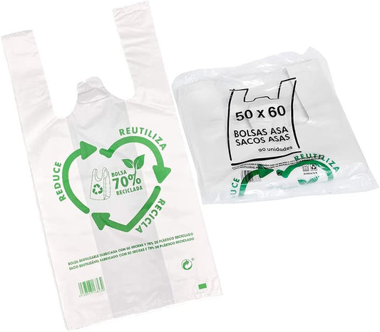 90u Bolsas De Plástico Reciclado, Resistentes, Reutilizables de Galga 200, Cumple Normativas, Aptas Uso Alimentario (50x60cm)