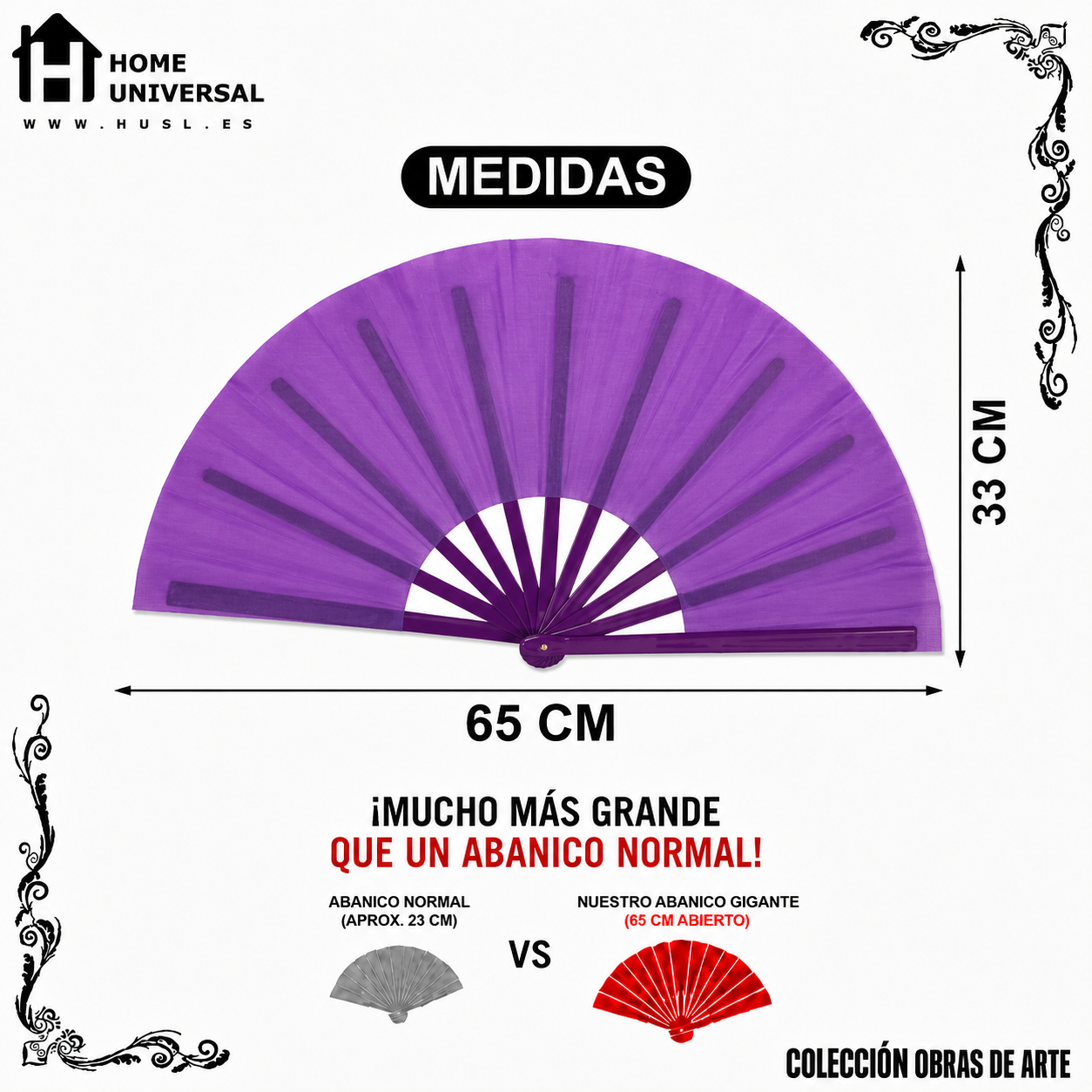 Home Universal® Abanico XXL 33 cm Grande de Plástico con Caja – Plegable, Ligero y Resistente – Efecto Fluorescente Brillante – Ideal para Verano, Fiesta, Discoteca, Pride y Eventos - Morado (Liso)
